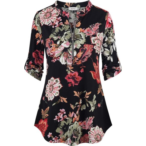 Womens  Black Armygreen Floral 3/4 Sleeve Shirts Zip V Neck Work Chiffon Top - Picture 1 of 5